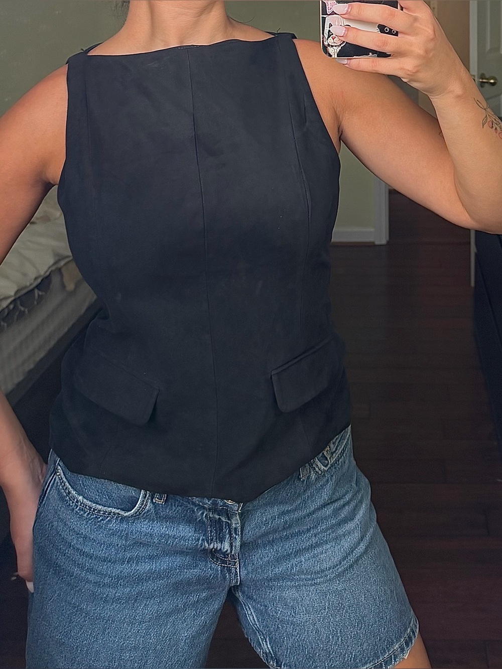 Zara Classy Black Suede Sleeveless Top with Pocket Detail